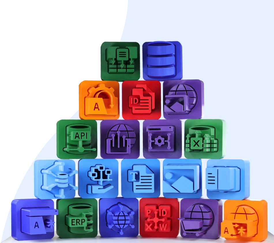 Das Bild zeigt eine Pyramide aus bunten Würfeln, die jeweils mit unterschiedlichen Symbolen bedruckt sind. Die Würfel sind in fünf Reihen gestapelt, beginnend mit einer breiten Basis und endend mit einem einzelnen Würfel an der Spitze. Jeder Würfel steht für ein Modul der crossbase Lösung. Die Farben der Würfel variieren und erleichtern die Unterscheidung der Themenbereiche.