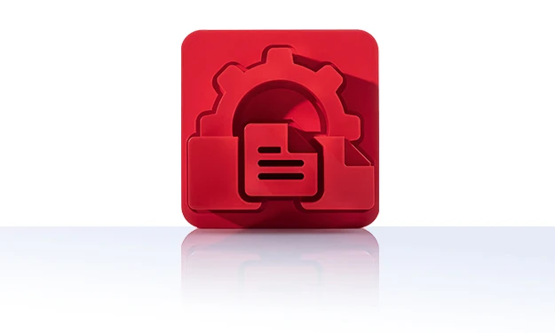 Das Symbol ist unicolor rot und zeigt ein Zahnrad, in das ein stilisiertes Dokument mit drei horizontalen Linien integriert ist. Das Symbol befindet sich in einem Quadrat mit abgerundeten Ecken. Dieses Icon steht für das Print-Publishing von crossbase.